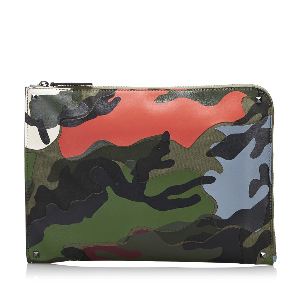 Pre-Owned Authenticated Valentino Camouflage and Leather Clutch Bag Canvas Fabric Green WristletBag Unisex (Good)