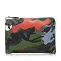 Pre-Owned Authenticated Valentino Camouflage and Leather Clutch Bag Canvas Fabric Green WristletBag Unisex (Good)