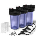 10" Transparent Big Blue Housing for Whole House Water Filtration Sizeystem, 1 Brass Port & Mounting Hardware (3 pack)