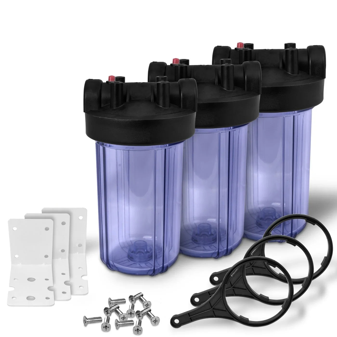10" Transparent Big Blue Housing for Whole House Water Filtration Sizeystem, 1 Brass Port & Mounting Hardware (3 pack)