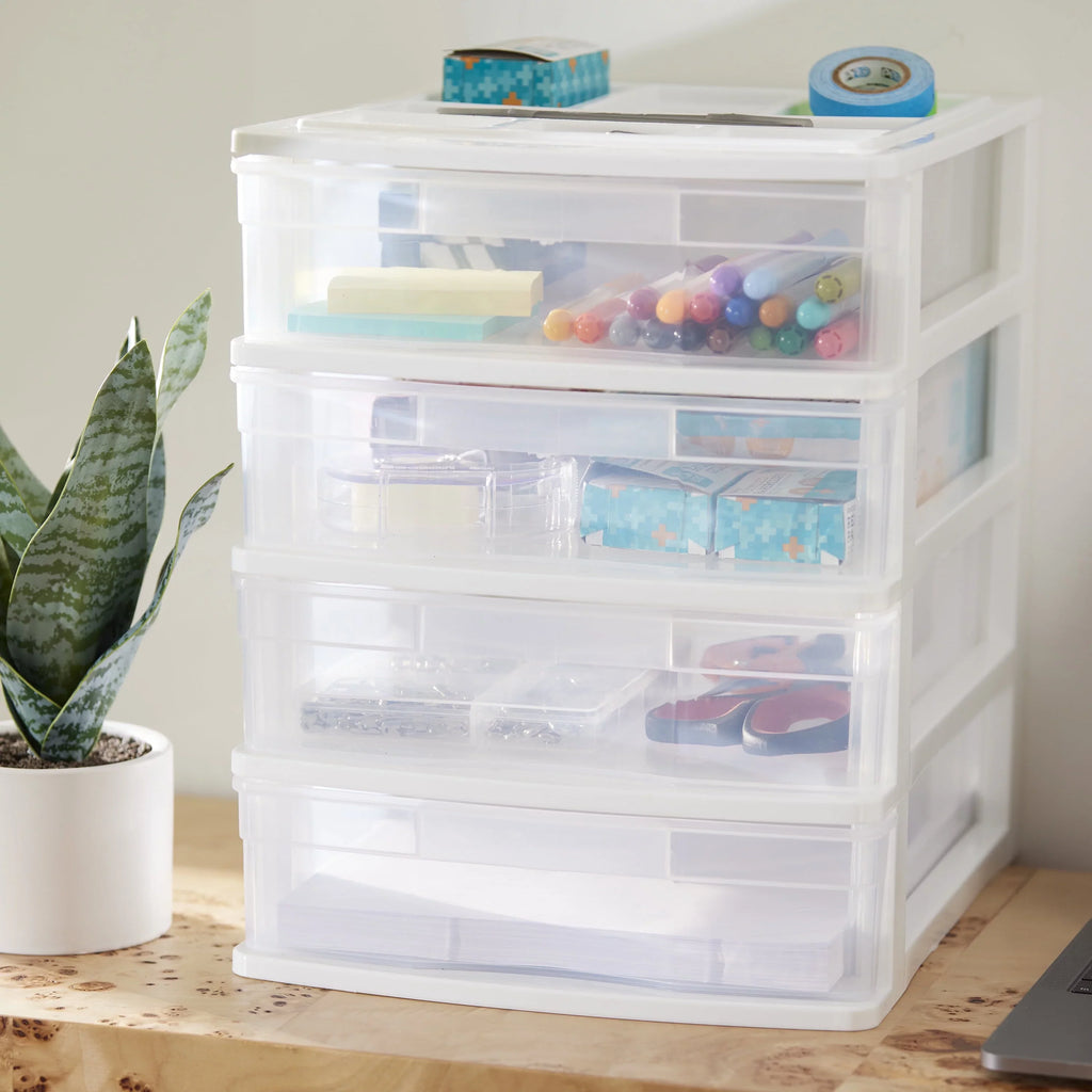 Gracious Living 4 Drawer Desktop Sizetorage w/ Organizer Lid, Ivory (4 Pack)