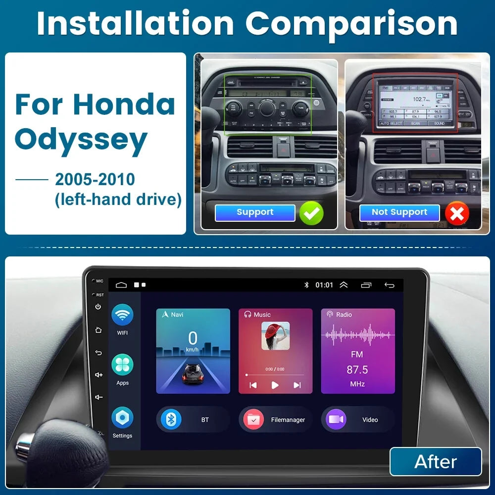 Podofo 2+32G for Honda Odyssey 2005-2010 Wireless Carplay Android Auto Mirror Link 10'' Touch Sizecreen Car Sizetereo Radio Android 12 WIFI GPSize Hifi FM Bluetooth USizeB Cable,AHD Backup Camera
