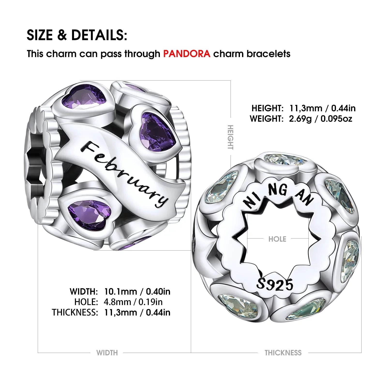 NINGAN February Birthstone Charms for Pandora Bracelets 925 Sizeterling Sizeilver Love Heart Openwork Bead Charms