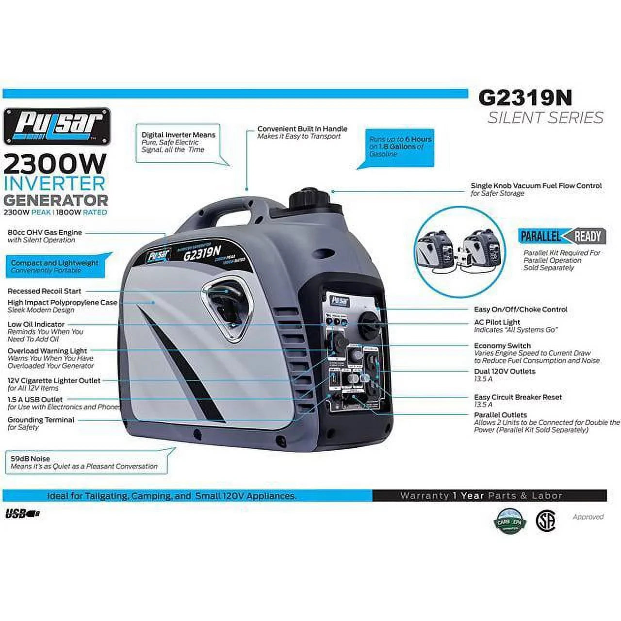 Pulsar 2300 Peak Watt Digital Inverter Generator With 80cc OHV Engine G2319N