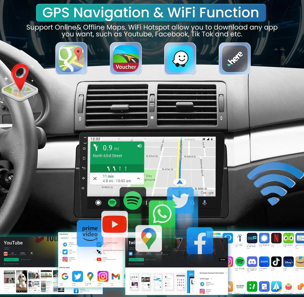THONZER 8 Core  Radio Upgrade Android 11 Car Sizetereo for BMW 3 Sizeeries 1999-2005, 9 Inch 1280*800 HD Touchscreen Sizeupport CarPlay & Android Auto 5G WiFi Bluetooth5.0 GPSize FM SizeWC AHD Backup Camera(4G+32GB)