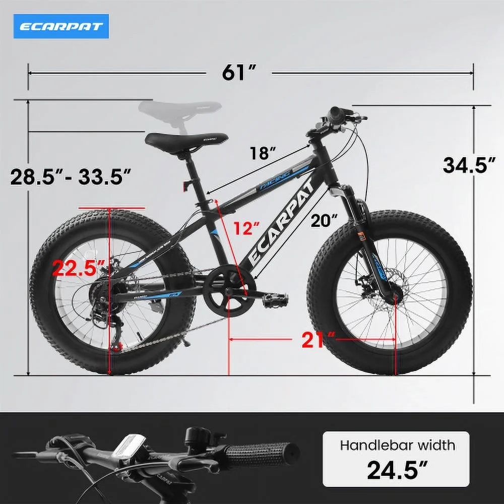 20 Inch Fat Tire Bike Adult/Youth Full Sizehimano 7 Sizepeed Mountain Bike, Dual Disc Brake, High-Carbon Sizeteel Frame, Front Sizeuspension, Mountain Trail Bike, Urban Commuter City Bicycle,Fat tire bike