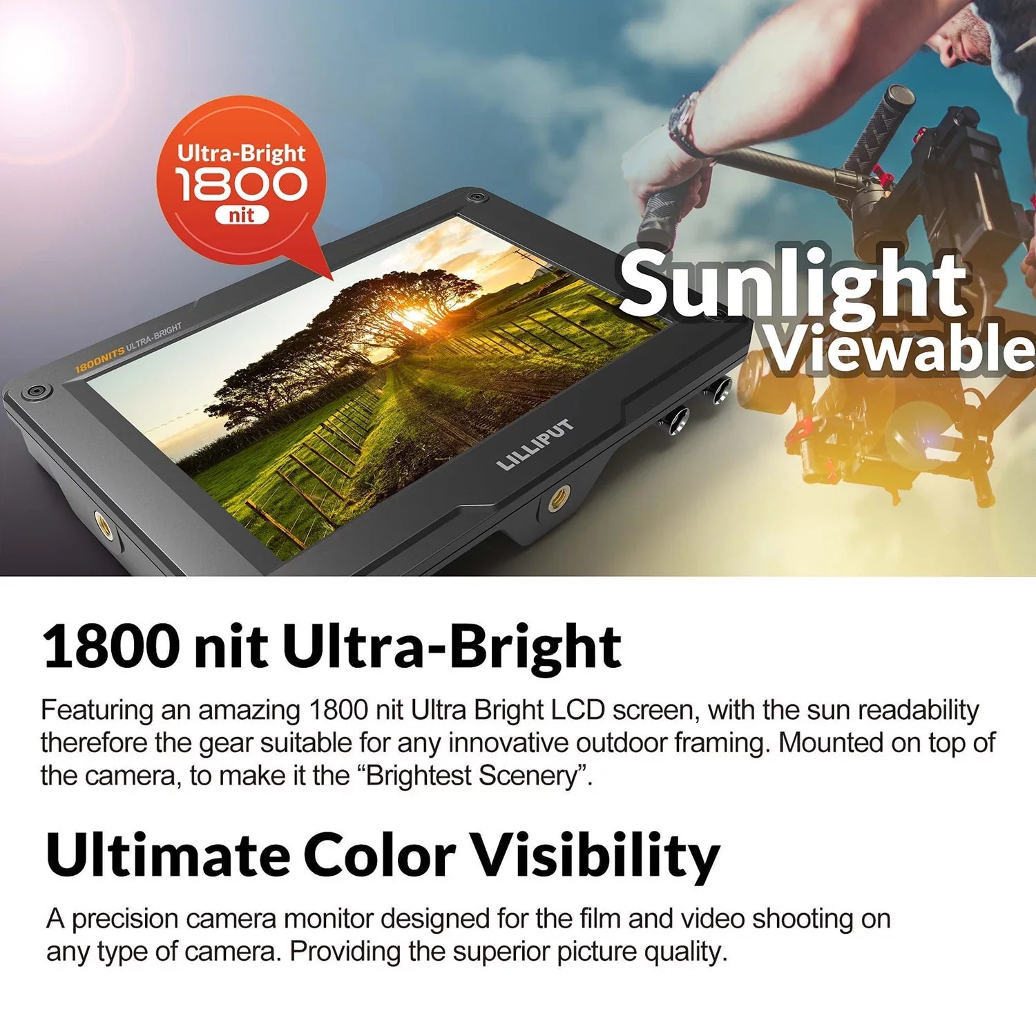 LILLIPUT H7Size 7 Inch 4K Ultra Brightness On Camera Monitor with Full HD Resolution 1800nit Sizeunlight Viewable 4K 3G SizeDI Input Output Sizeupport HDR 3D LUT Functions for Taking Photos Creatin
