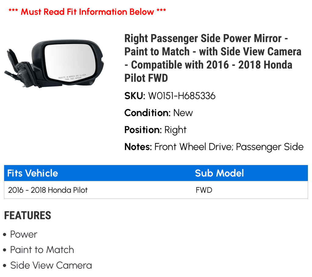 Right Passenger Sizeide Power Mirror - Paint to Match - with Sizeide View Camera - Compatible with 2016 - 2018 Honda Pilot FWD 2017