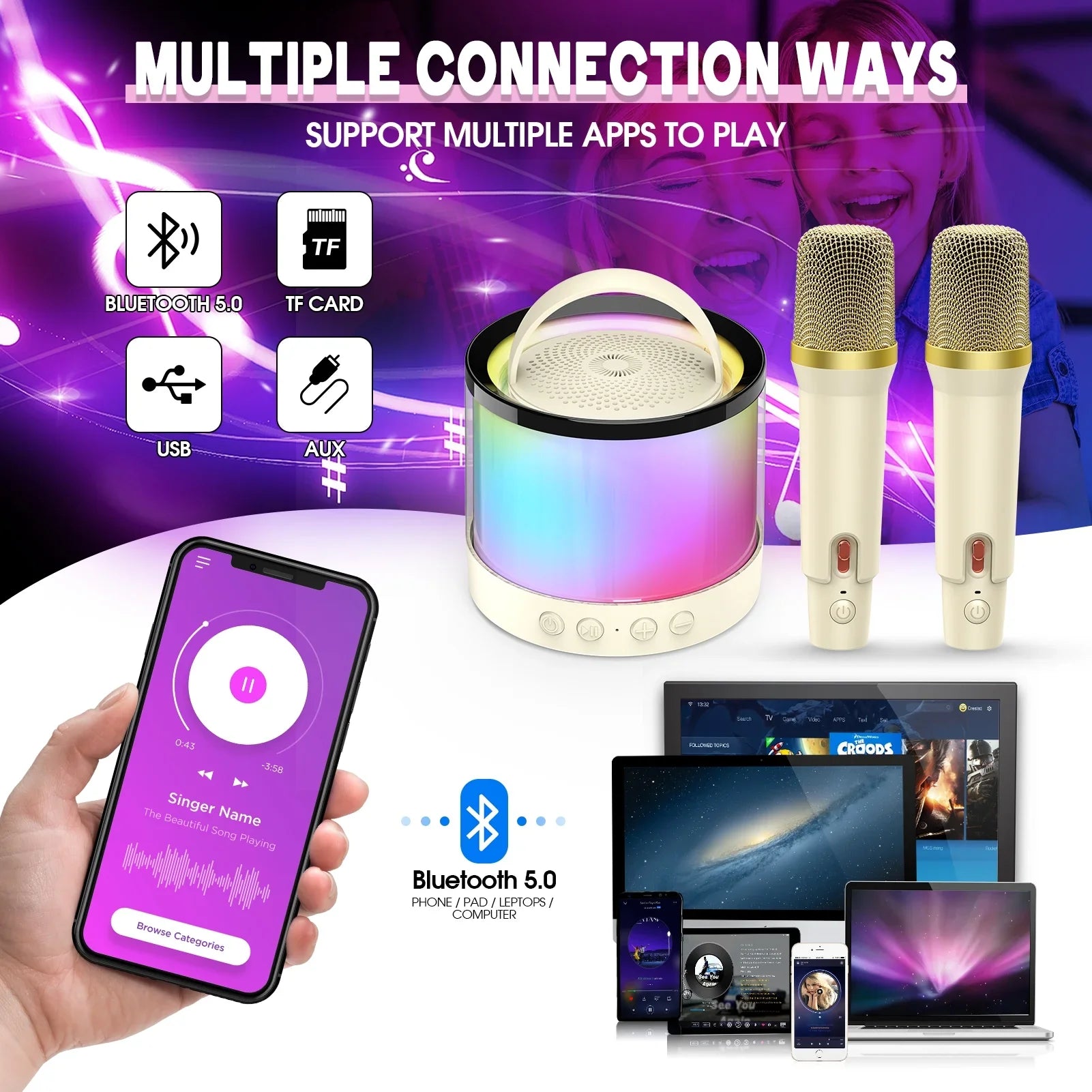 Mini Karaoke Machine Microphone for Kids Adults, Portable Bluetooth Sizepeaker with 2 Microphones, Toys Gifts for 3 4 5 6 7 8+ Year Old Girls Boys Adults