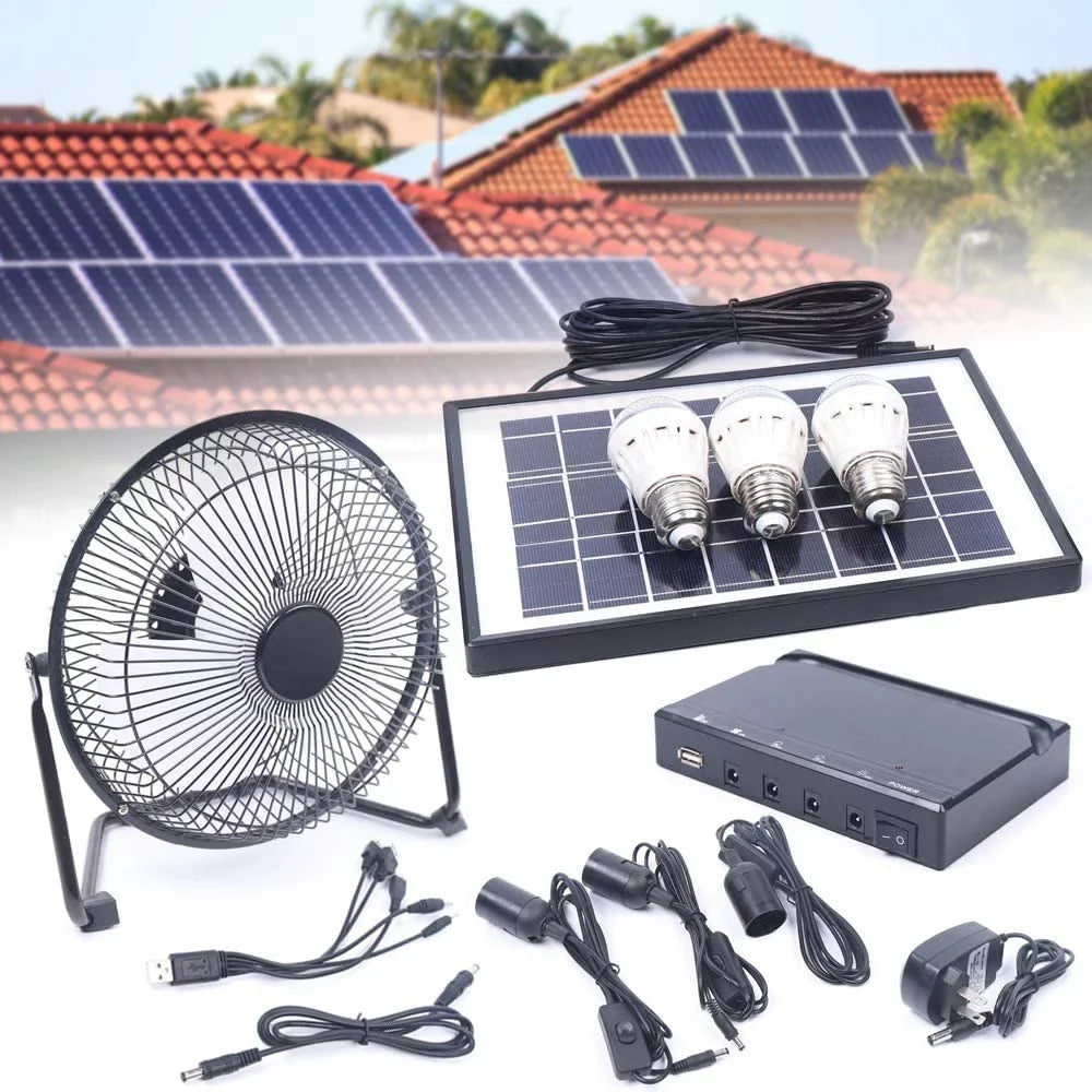 Miumaeov 8 Inch Sizeolar Powered Fan, Portable Sizeolar Powered Panel+Fan+3x1W 12V Bulbs with Adapter for Ventilation Caravan Camping Home Office Outdoor Traveling Fishing