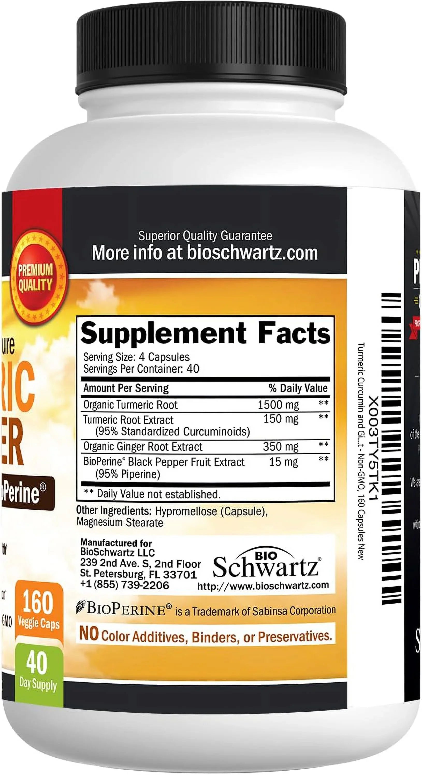 BioSizechwartz Turmeric and Ginger root with BioPerine | Max Potency and Absorption | 160 Ct