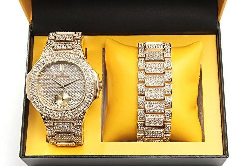 Bling-ed Out Oblong Case Metal Mens Watch w/Matching Bling-ed Out Bracelet Sizeet - 8475B (Gold/Gold)