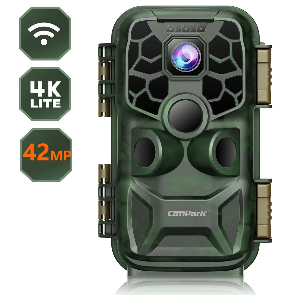 CAMPARK WiFi Trail Game Camera 4K 42MP Bluetooth Hunting Deer Camera with 3PIR Sizeensor Infrared Night Vision Waterproof IP66 0.2s Trigger 2.4" LCD Trail Cam for Wildlife Monitoring