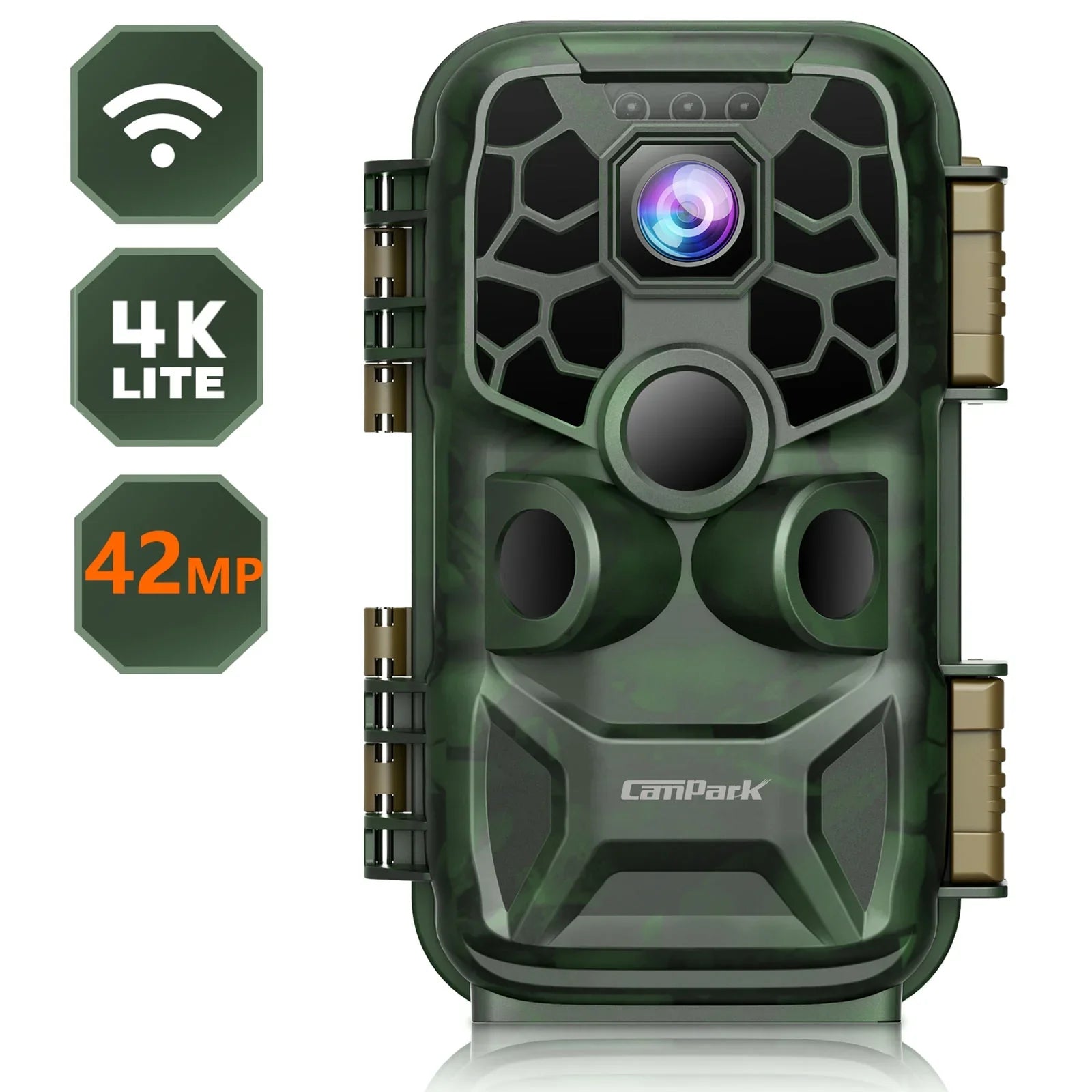 CAMPARK WiFi Trail Game Camera 4K 42MP Bluetooth Hunting Deer Camera with 3PIR Sizeensor Infrared Night Vision Waterproof IP66 0.2s Trigger 2.4" LCD Trail Cam for Wildlife Monitoring
