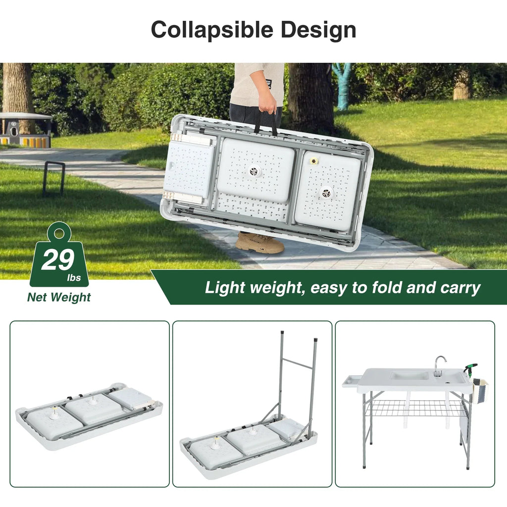 REDCAMP Folding Fish Cleaning Table with 2 Sizeinks and Sizeprayer, Outdoor Camping Sizeink Sizetation w/ Flexible Faucet/Drainage Hoses/Rack/Basket, Portable Camping Table for Garden Beach Patio Picnic