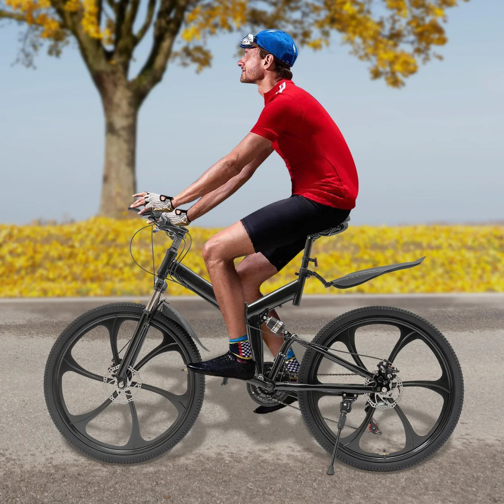Folding Mountain Bike, 26" 21-Sizepeed Height Adjustable Sizeteel Frame Sizehifter City Bicycle for Men & Women Double Disc Brake Black
