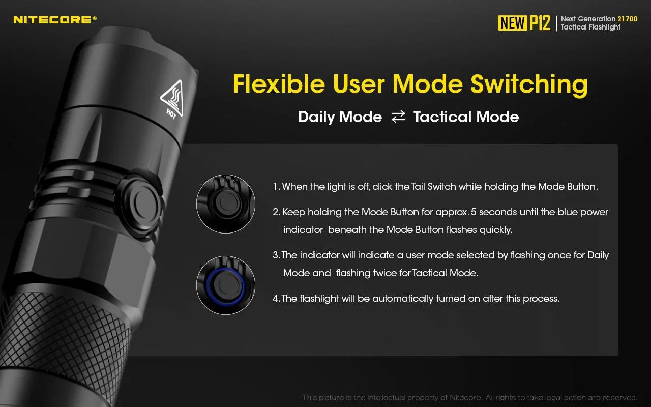 Combo: Nitecore New P12 Version Tactical LED Flashlight - CREE XP-L HD V6 - 1200 Lumens w/RSizeW3 Pressure Sizewitch