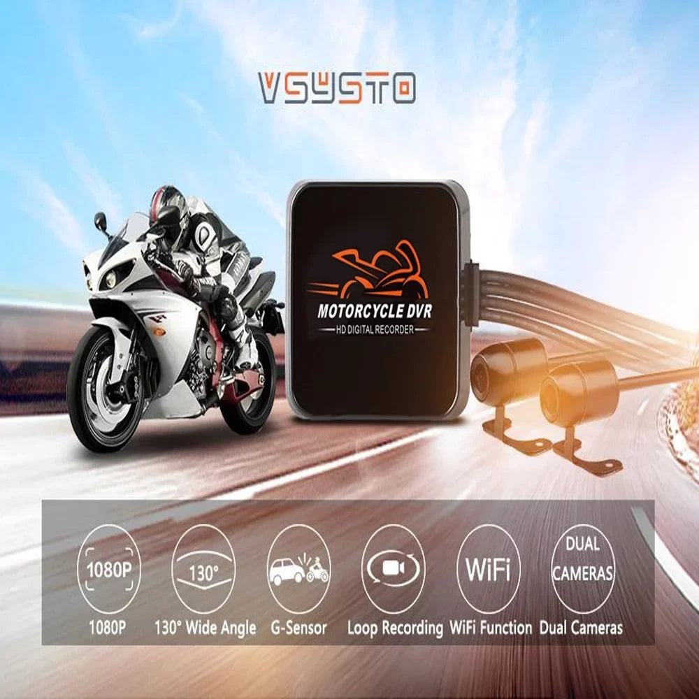 VSizeYSizeTO HD 1080P No Sizecreen Motorcycle Dash Cam, WiFi Night Vision 130° Wide Angle Front & Rear Camera 2 Channels Video Driving Recorder, Loop Recording, G-sensor