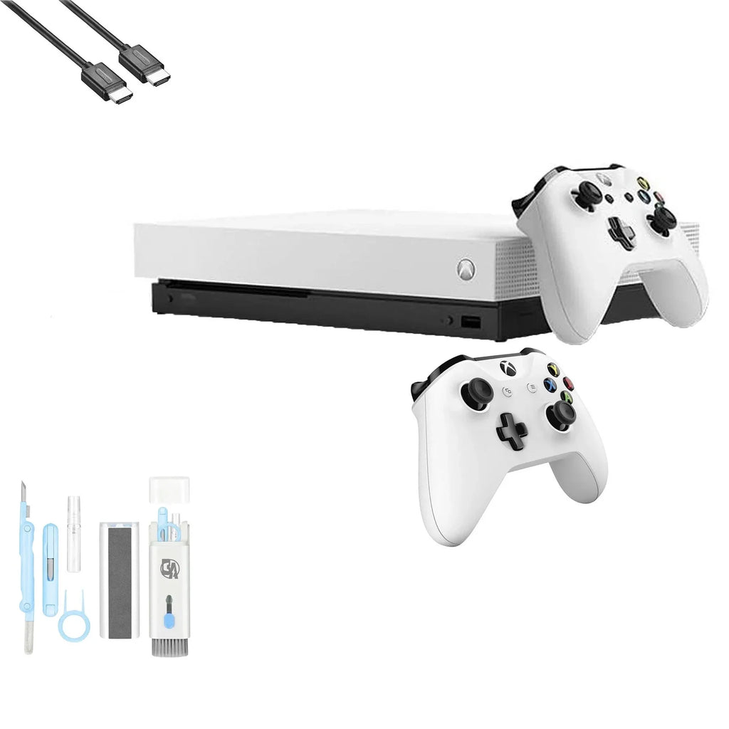 Pre-Owned Microsoft Xbox One X 1TB with 2 Controller, 4K Ultra HD Ivory with BOLT AXTION Cleaning Kit HDMI Bundle (Refurbished: Like New)