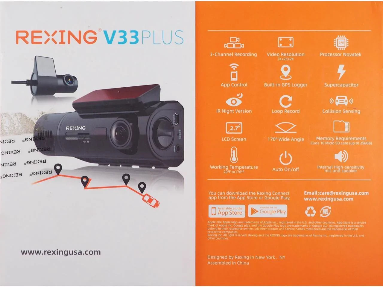 Rexing V33 3 Channel 1440p+1440p+1440p Resolution Dashcam with  Front +Cabin +Rear camera, GPSize BBY-V33