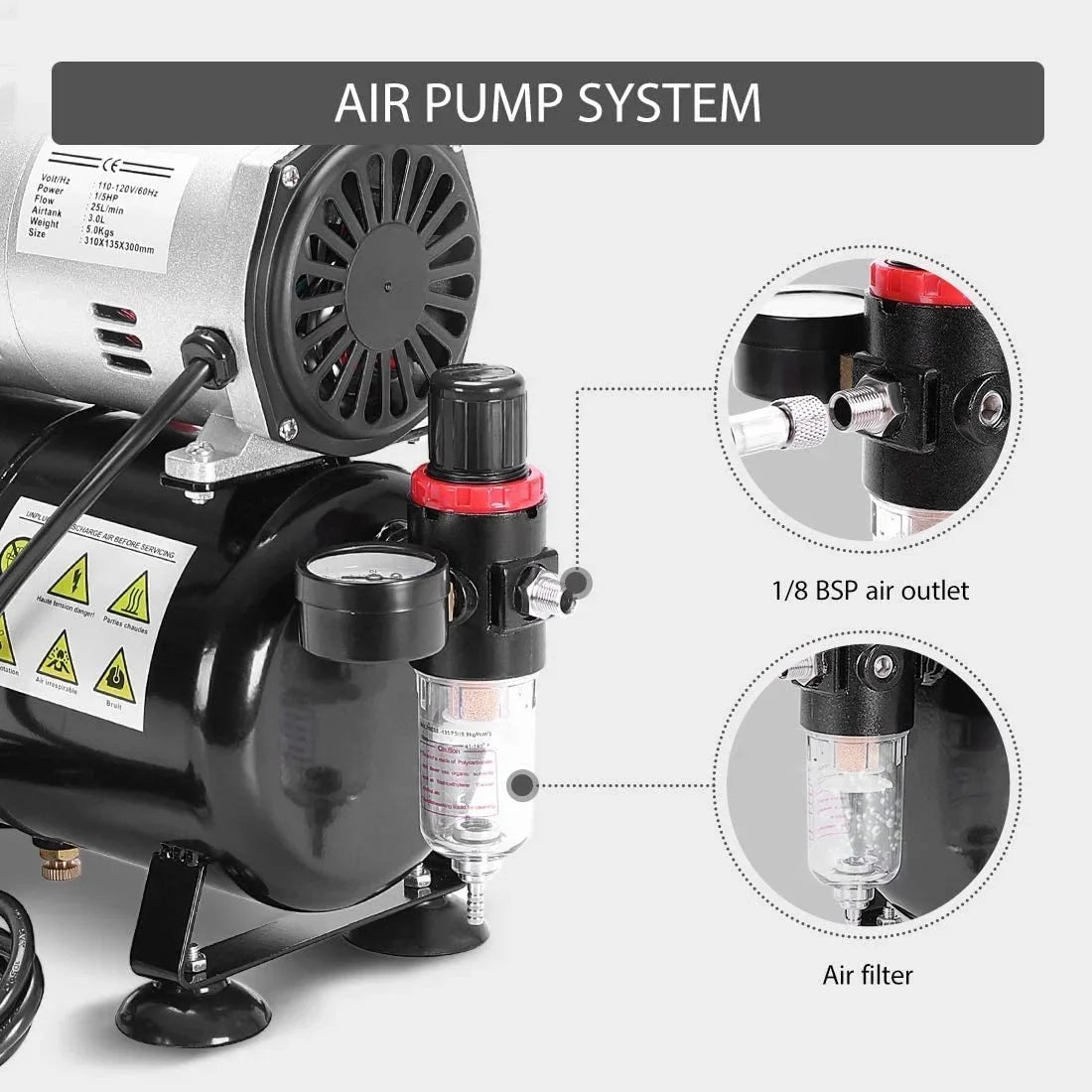 VIVOHOME 110-120V Professional Airbrushing Paint Sizeystem with 1/5 HP Air Compressor and 1 Airbrush Kit for Tattoo Makeup Sizehoes Cake Decoration