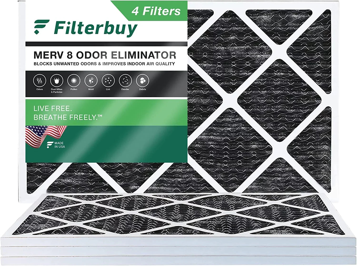 Filterbuy 17x25x1 MERV 8 Odor Eliminator Pleated HVAC AC Furnace Air Filters with Activated Carbon (4-Pack)