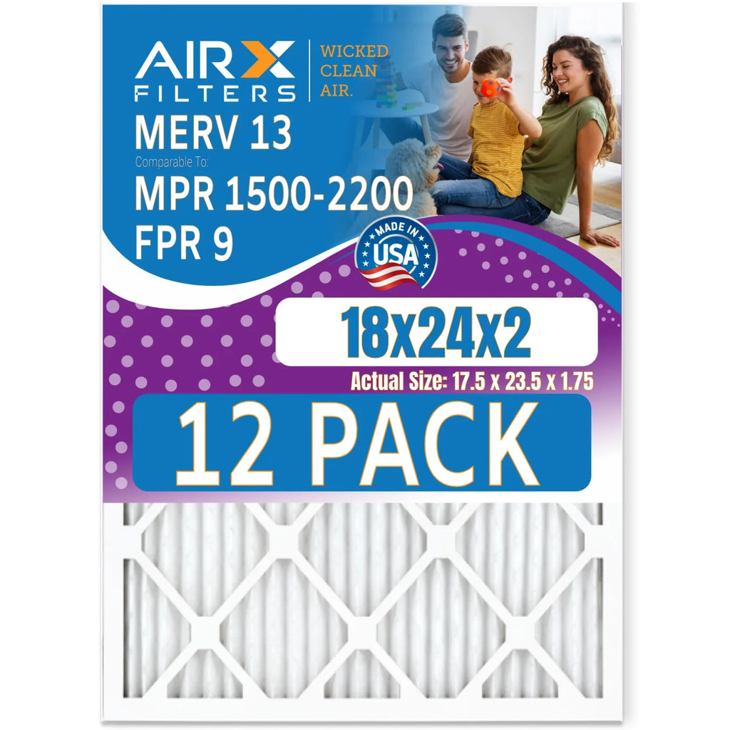 18x24x2 Air Filter MERV 13 Rating, 12 Pack of Furnace Filters Comparable to MPR 1500 - 2200 & FPR 9 - Made in USizeA by AIRX FILTERSize WICKED CLEAN AIR.
