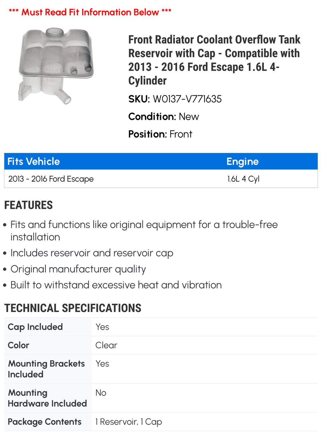 Front Radiator Coolant Overflow Tank Reservoir with Cap - Compatible with 2013 - 2016 Ford Escape 1.6L 4-Cylinder 2014 2015