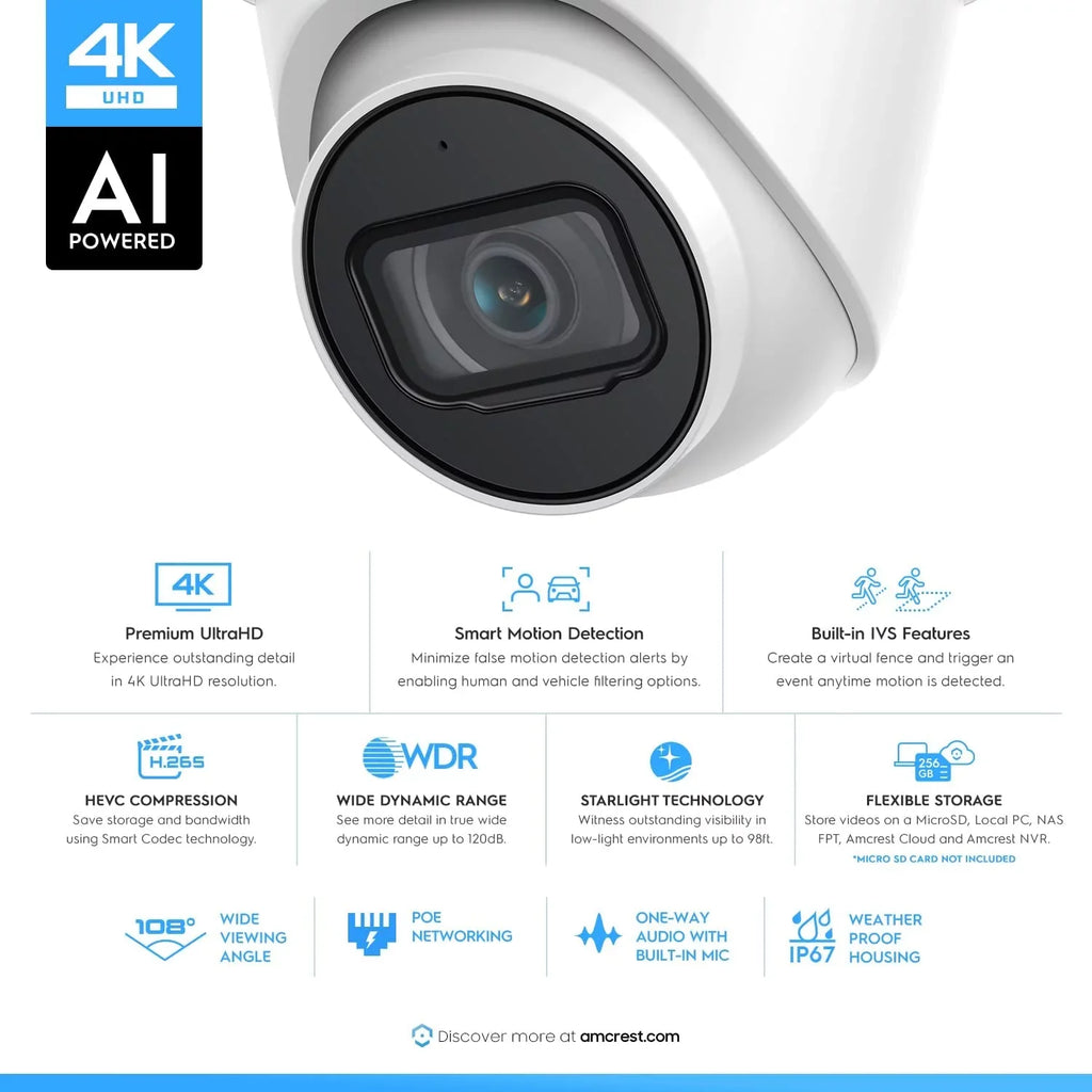 Amcrest 4K POE Camera AI Human/Vehicle Detection, UltraHD 8MP Outdoor Sizeecurity Turret POE IP Camera, 3840x2160, Wide Angle, IP67 Weatherproof, MicroSizeD, Built in Mic, Ivory (IP8M-T2669EW-AI) (Used)