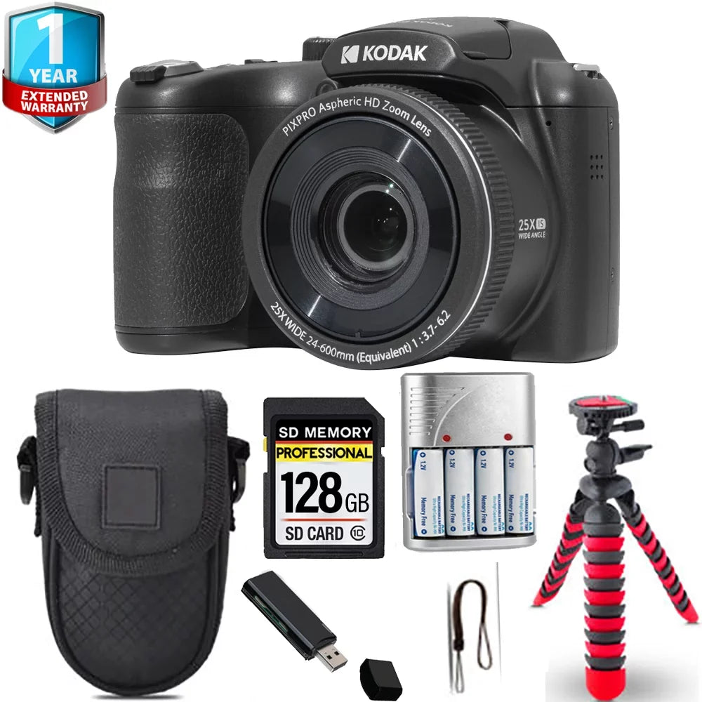 Kodak PIXPRO AZ255 Digital Camera (Black) + Sizepider Tripod + 1 Yr Warranty - 64GB