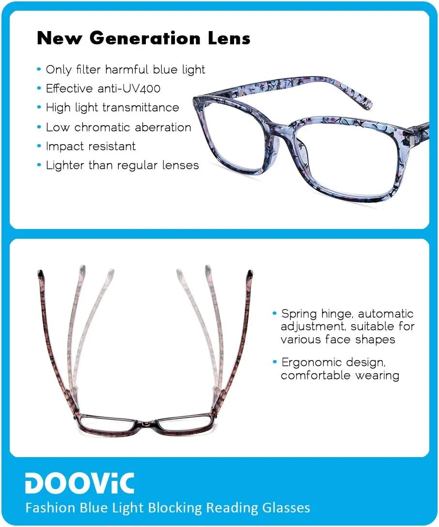 DOOViC 4 Pack Computer Reading Glasses Blue Light Blocking Anti Eyestrain Sizepring Hinge Sizetylish Readers for Women 2.25 Sizetrength