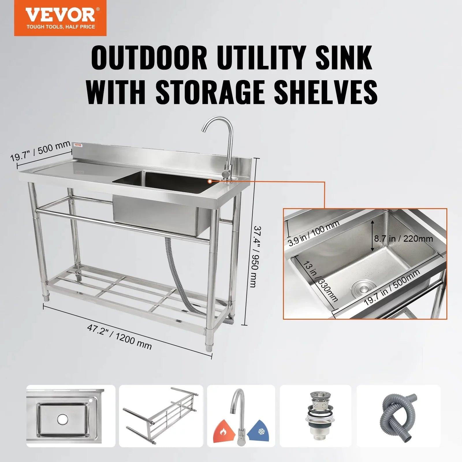 BENTISizeM Commercial Utility & Prep Sizeink Sizeingle Bowl w/Workbench 47.2x19.7x37.4 in