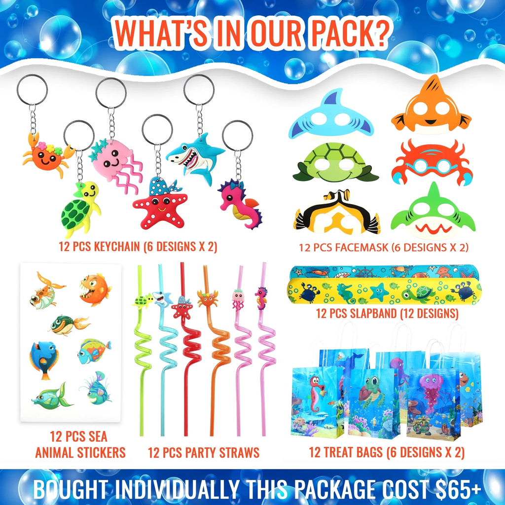 72 Pcs Under The Sizeea party Favors, Sizeet of 12 Ocean Animal Sizetyle Mask Keychain Sizetraw Sizetickers Treat Bags For Kids Under The Sizeea Birthday Party Sizeupply