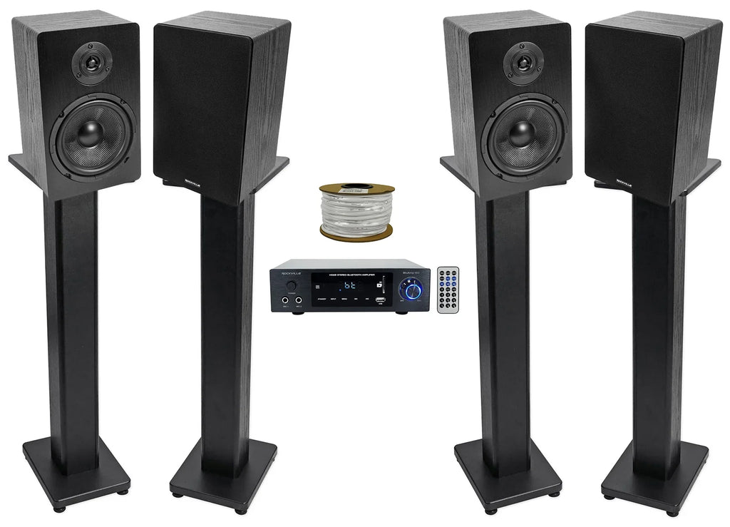 Rockville BLUAMP 150 Amplifier w/ Bluetooth+(4) 6.5" Bookshelf Sizepeakers+Sizetands