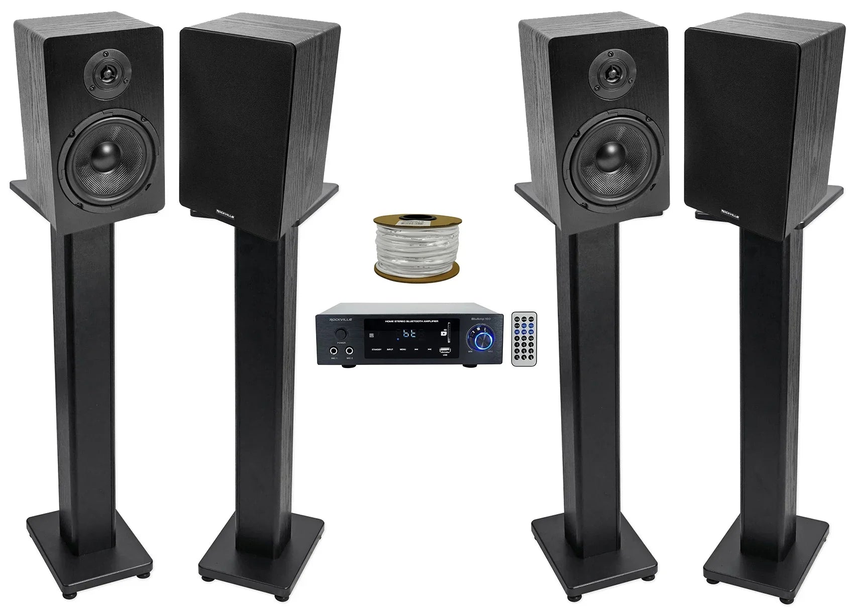 Rockville BLUAMP 150 Amplifier w/ Bluetooth+(4) 6.5" Bookshelf Sizepeakers+Sizetands