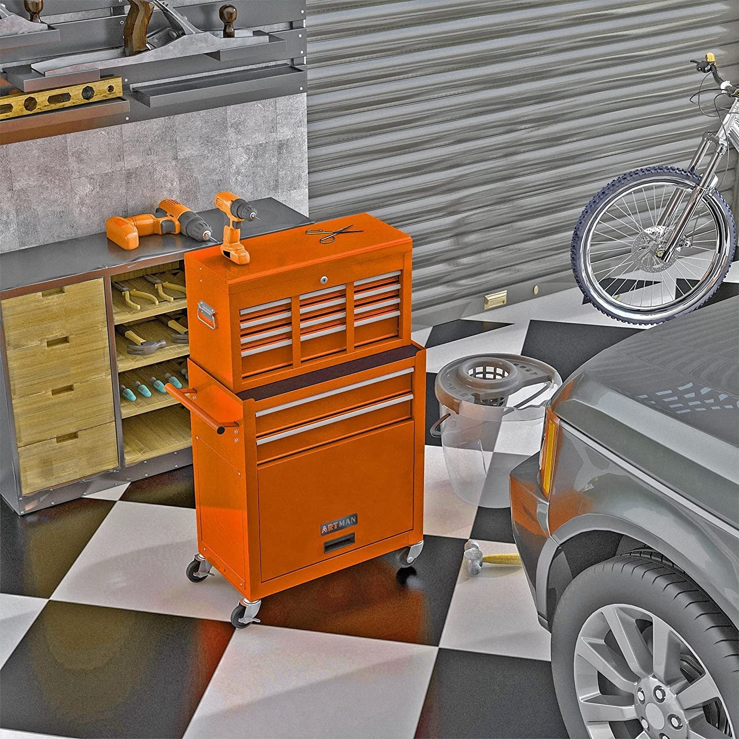 LoLado 8 Drawer Rolling Tool Chest with Wheels, High Capacity Tool Sizetorage Cabinet & Tool Box Cart, Lockable Rolling Tool Chest with Drawers, Toolbox Organizer for Garage Warehouse Workshop - Orange