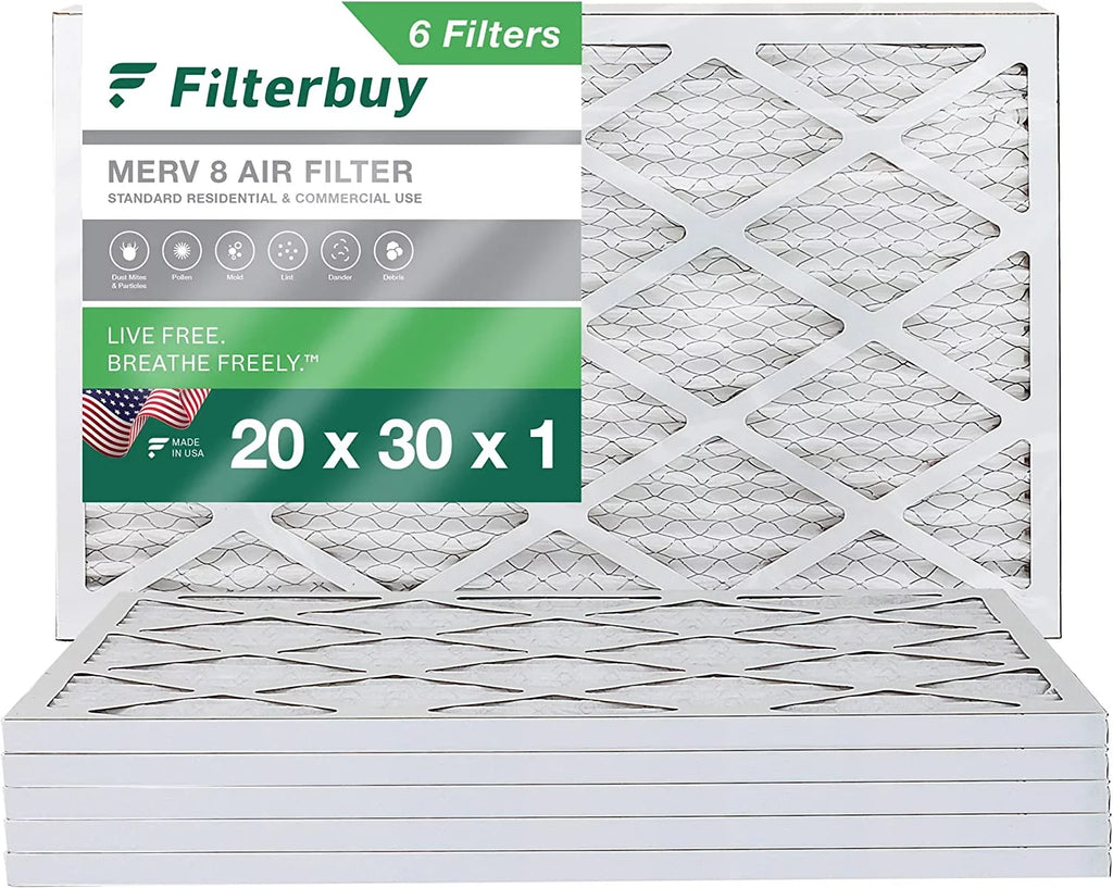 Filterbuy 20x30x1 MERV 8 Pleated HVAC AC Furnace Air Filters (6-Pack)