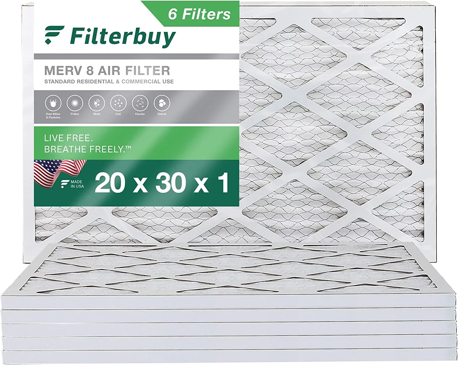Filterbuy 20x30x1 MERV 8 Pleated HVAC AC Furnace Air Filters (6-Pack)
