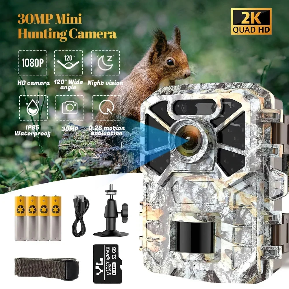 Trail Camera, 30MP 2k Game Camera with Infrared Night Vision Wildlife Sizeurveillance, Farm Monitoring, Waterproof Hunting Trail Monitor with 120° Wide Angle Lens