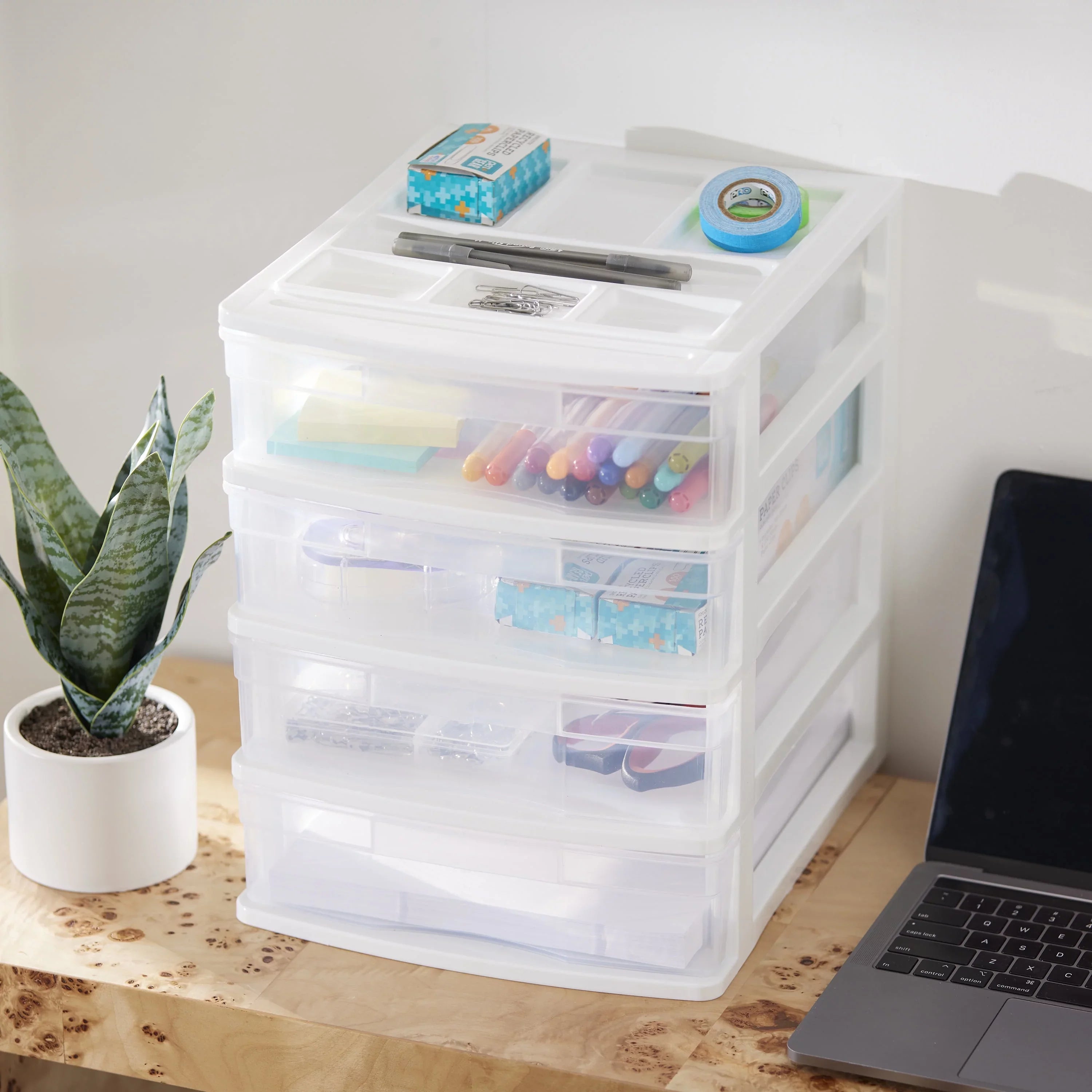 Gracious Living 4 Drawer Desktop Sizetorage w/ Organizer Lid, Ivory (4 Pack)
