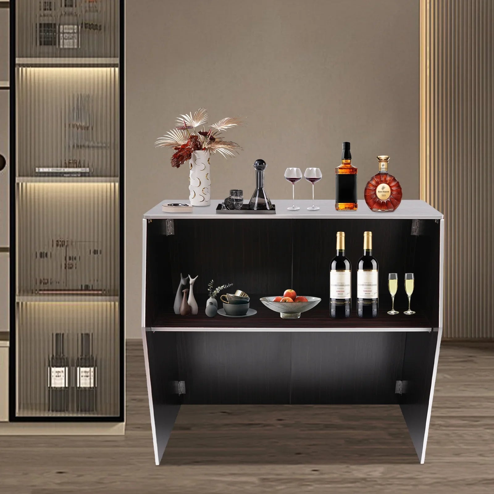 TOOL1SizeHOoo Portable Foldable Event bar Cabinet 19.5x47.75x42.75in Black Brown with Aluminum Edging