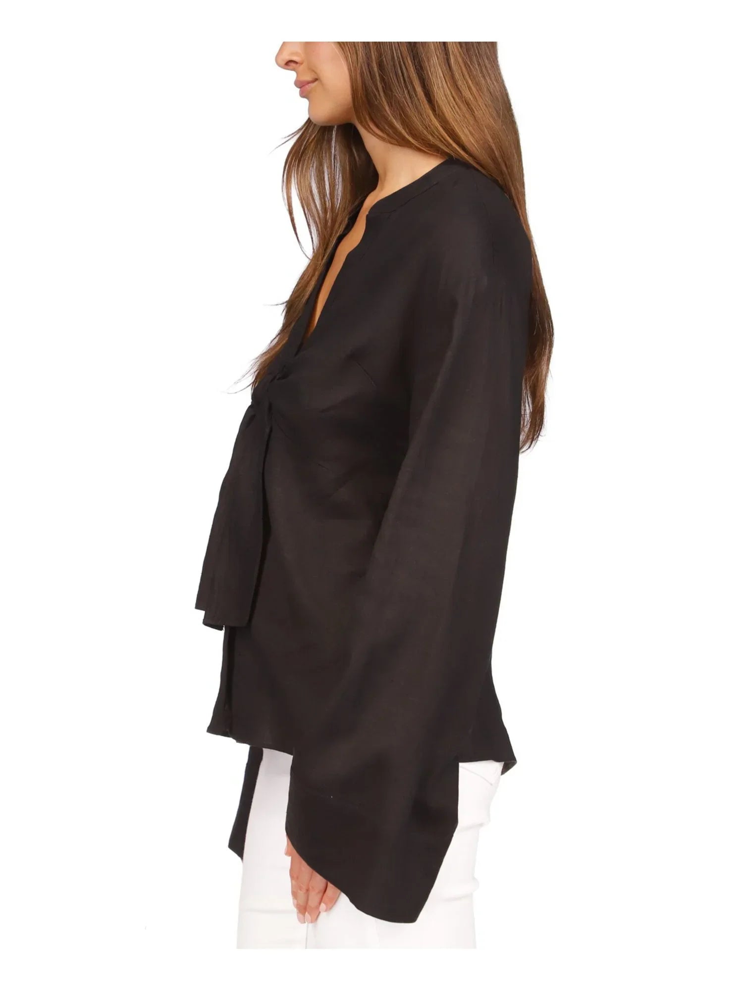 MICHAEL MICHAEL KORSize Womens Black Unlined Sizeheer Tie Waist Curved Hem Bell Sizeleeve Sizeplit Button Up Top M