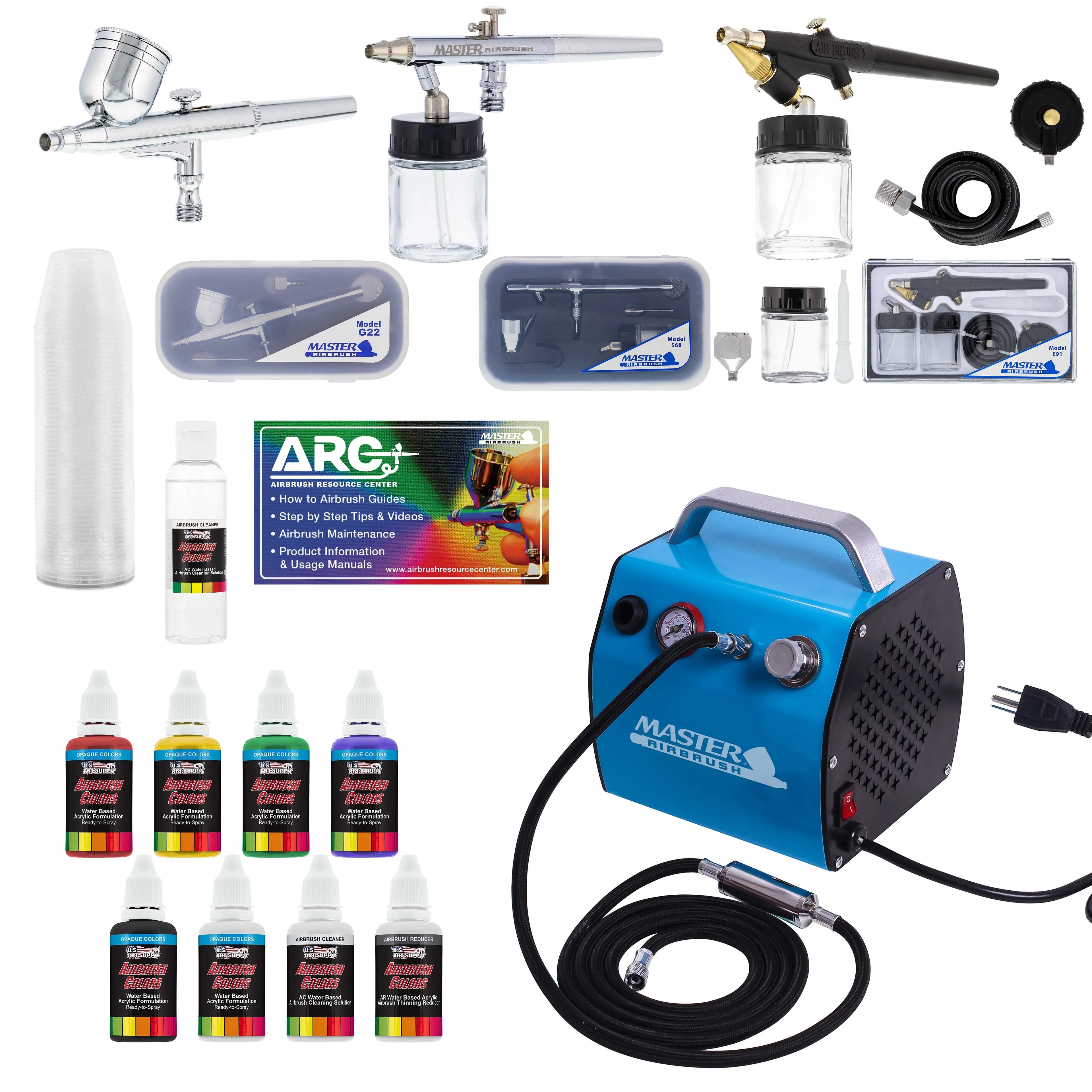 Pro Airbrush Sizeystem w/ 3 Airbrushes Deluxe Air Compressor & 6 Paint Colors