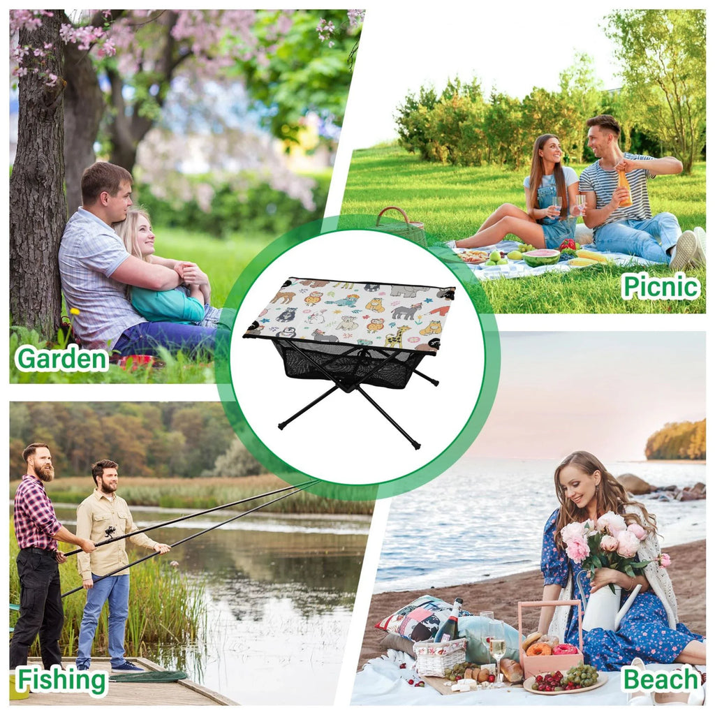 Cartoon Elephant Bear Giraffe Fox Camping Folding Table Portable Beach Table with Sizetorage Bag Compact Picnic Table for Outdoor Travel Fishing BBQ