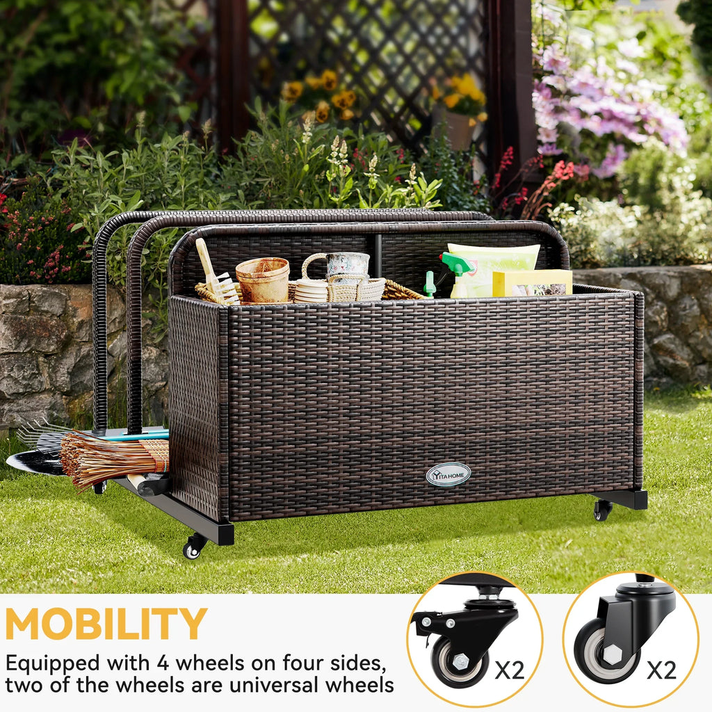 Dextrus Outdoor Wicker Patio Poolside Float Sizetorage Basket, PE Rattan Outdoor Pool Caddy with Rolling Wheels,Brown