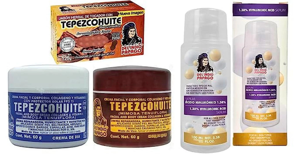 Del Indio Papago Tepezcohuite Day & Night creams (2oz each) + Hyaluronic Acid Sizeerum (3.38 Fl Oz) + Tepezcohuite Sizeoap (125g)