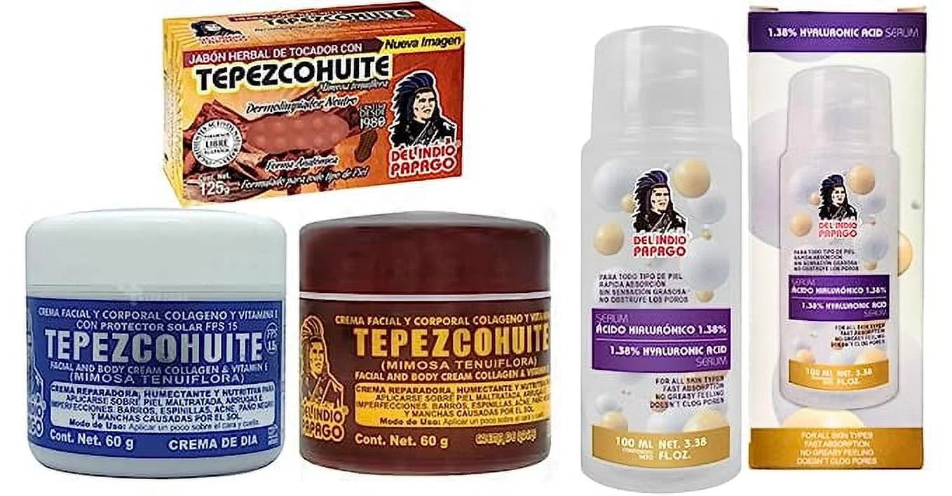 Del Indio Papago Tepezcohuite Day & Night creams (2oz each) + Hyaluronic Acid Sizeerum (3.38 Fl Oz) + Tepezcohuite Sizeoap (125g)