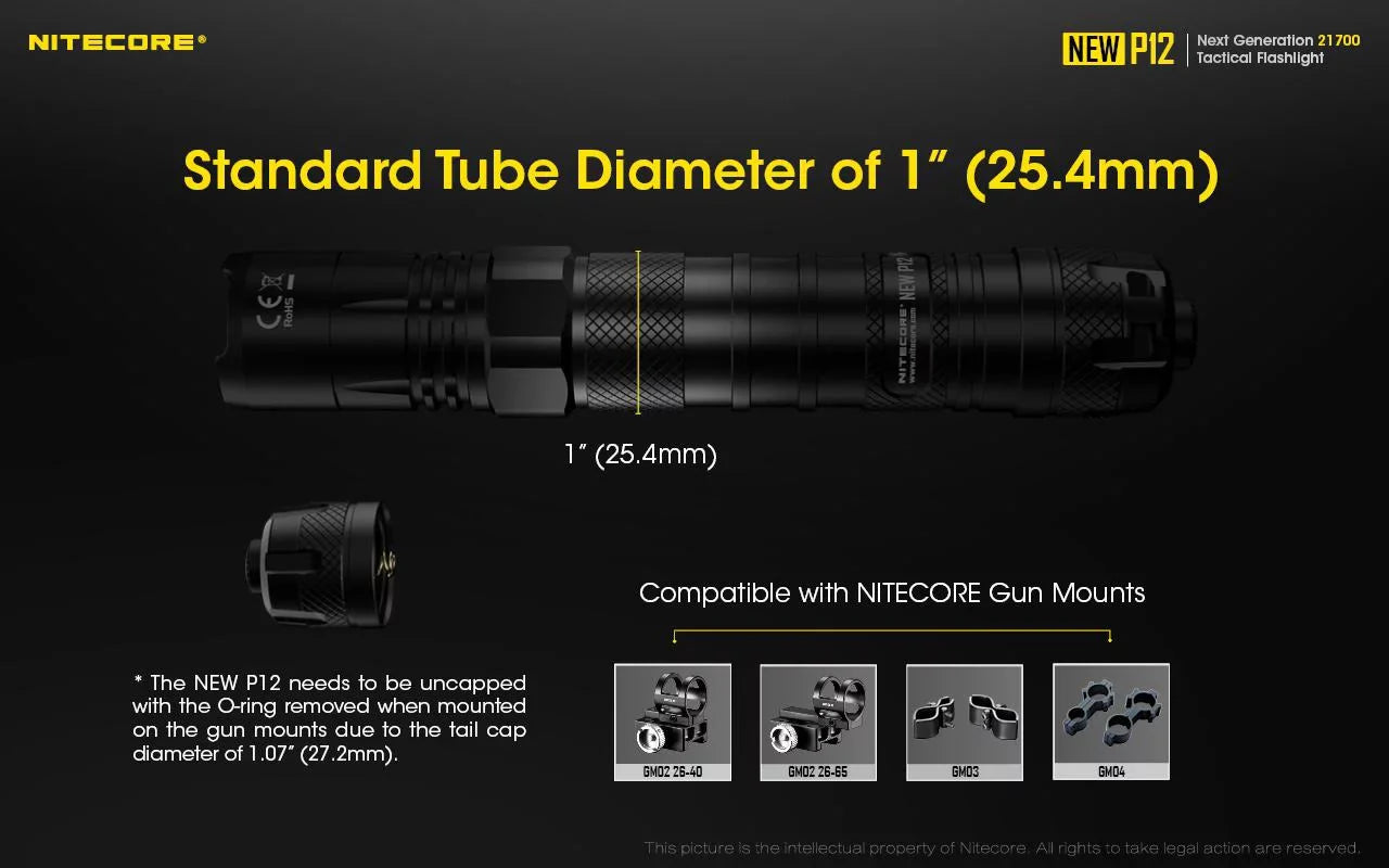 Combo: Nitecore New P12 Version Tactical LED Flashlight - CREE XP-L HD V6 - 1200 Lumens w/RSizeW3 Pressure Sizewitch