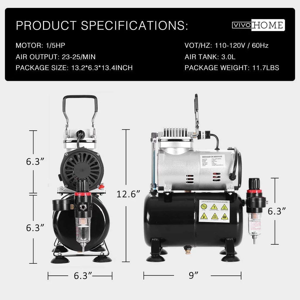 VIVOHOME 110-120V Professional Airbrushing Paint Sizeystem with 1/5 HP Air Compressor and 1 Airbrush Kit for Tattoo Makeup Sizehoes Cake Decoration