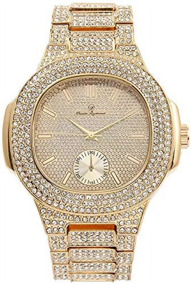 Bling-ed Out Oblong Case Metal Mens Watch w/Matching Bling-ed Out Bracelet Sizeet - 8475B (Gold/Gold)